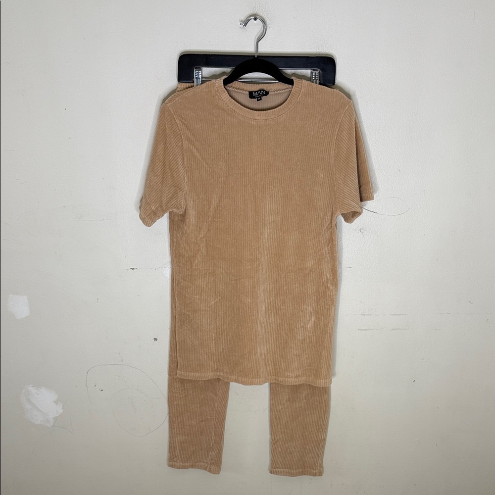 Boohoo Man Tan Ribbed Two-Piece Set Size Medium